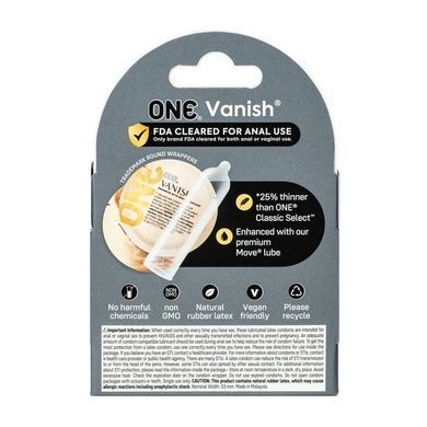 Презервативи ONE Vanish Hyperthin, 3 шт, ультратонкі, з мастилом, картонна упаковка SX0780 фото