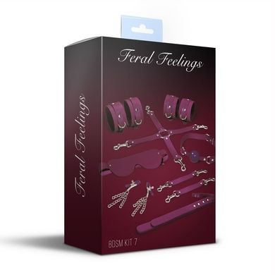 Набір Feral Feelings BDSM Kit 7 Burgundy, наручники, поножі, конектор, маска, паддл, кляп, затискачі SO8278 фото