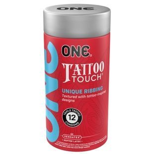 Презервативи ONE Tattoo Touch, 12 шт, рельєф у вигляді тату, 3 різновиди, подарункова упаковка-тубус SX0790 фото