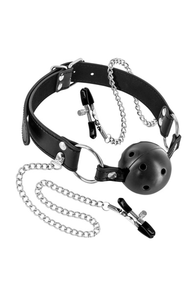 Повітропроникний кляп з зажимами для сосків Fetish Tentation Rigid Gag Ball with Nipple Clamps SO4037 фото