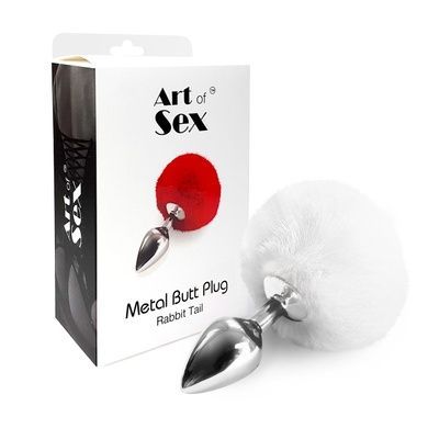 Металевий анальний затор М Art of Sex - Metal Butt plug Rabbit Tail, Білий SO6962 фото